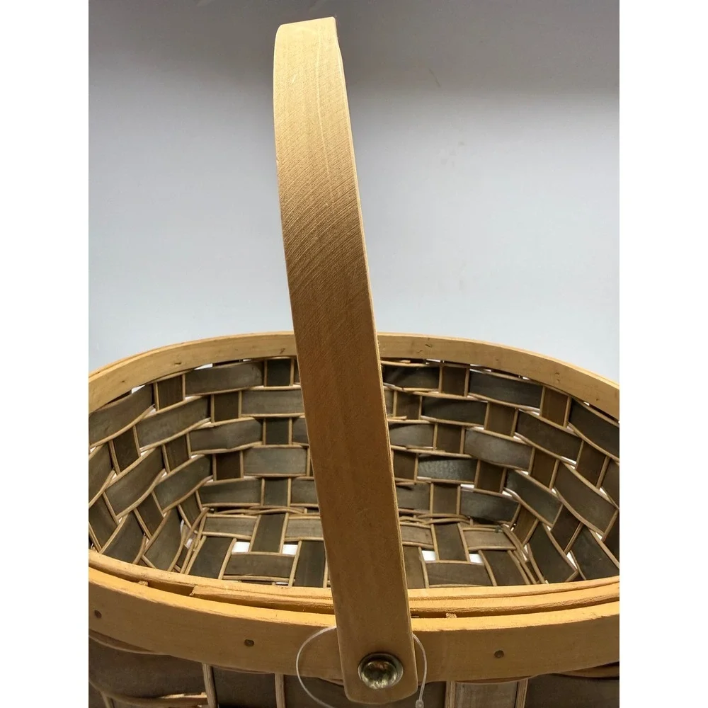 Hand Woven Wood Splint Basket with Handle Two Tone Brown Farmhouse Decor 13.5in